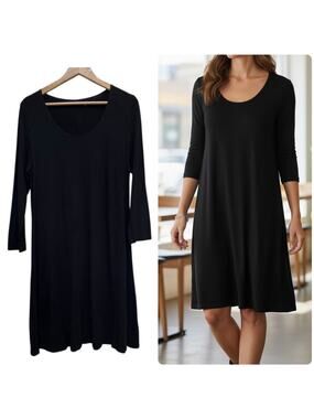 Garnet Hill Black Viscose Blend Knit Pull On Scoop Neck Trapeze Dress Large
